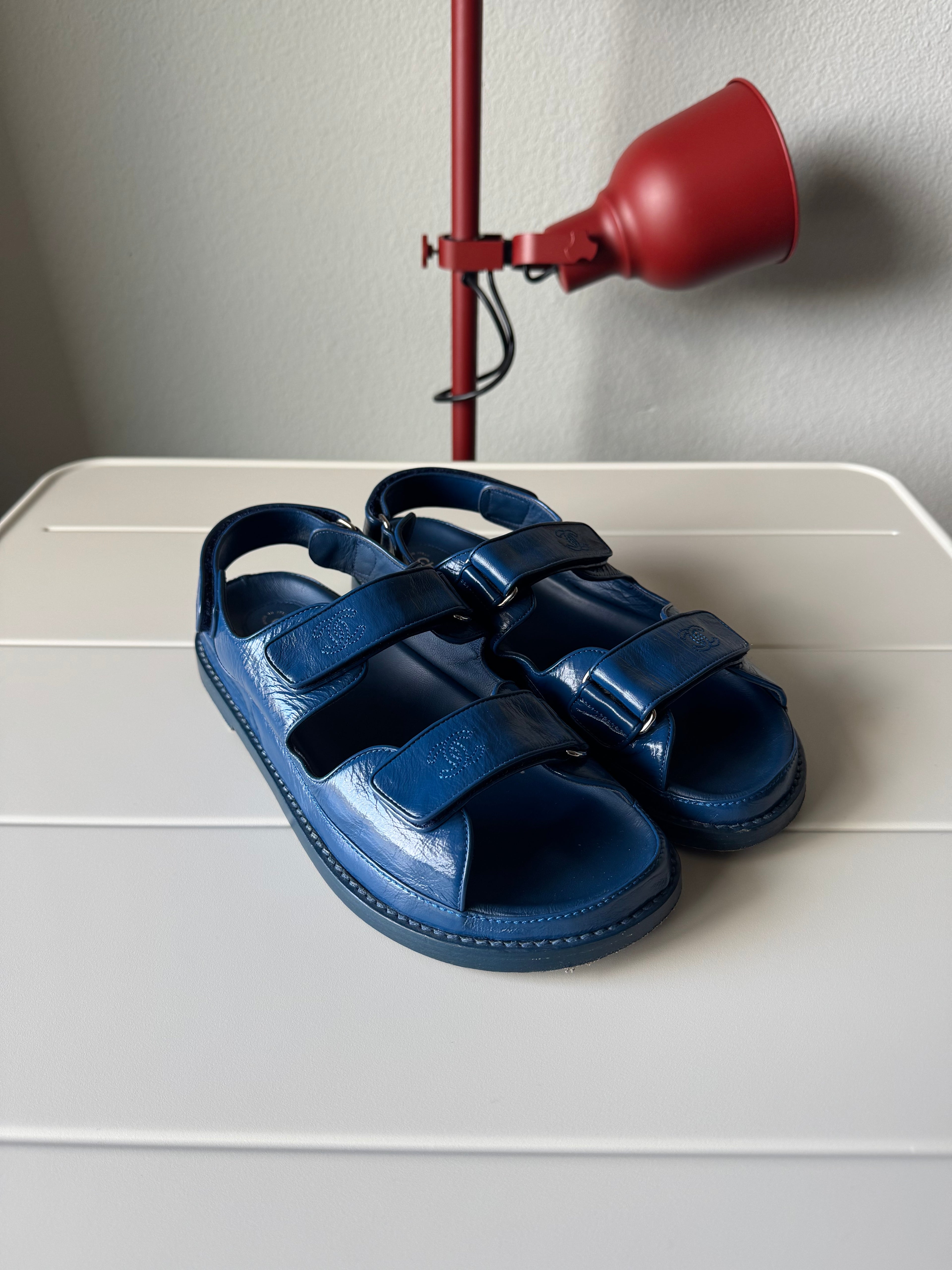 Chanel Dad Sandals Patent Leather Blue 41/8/11