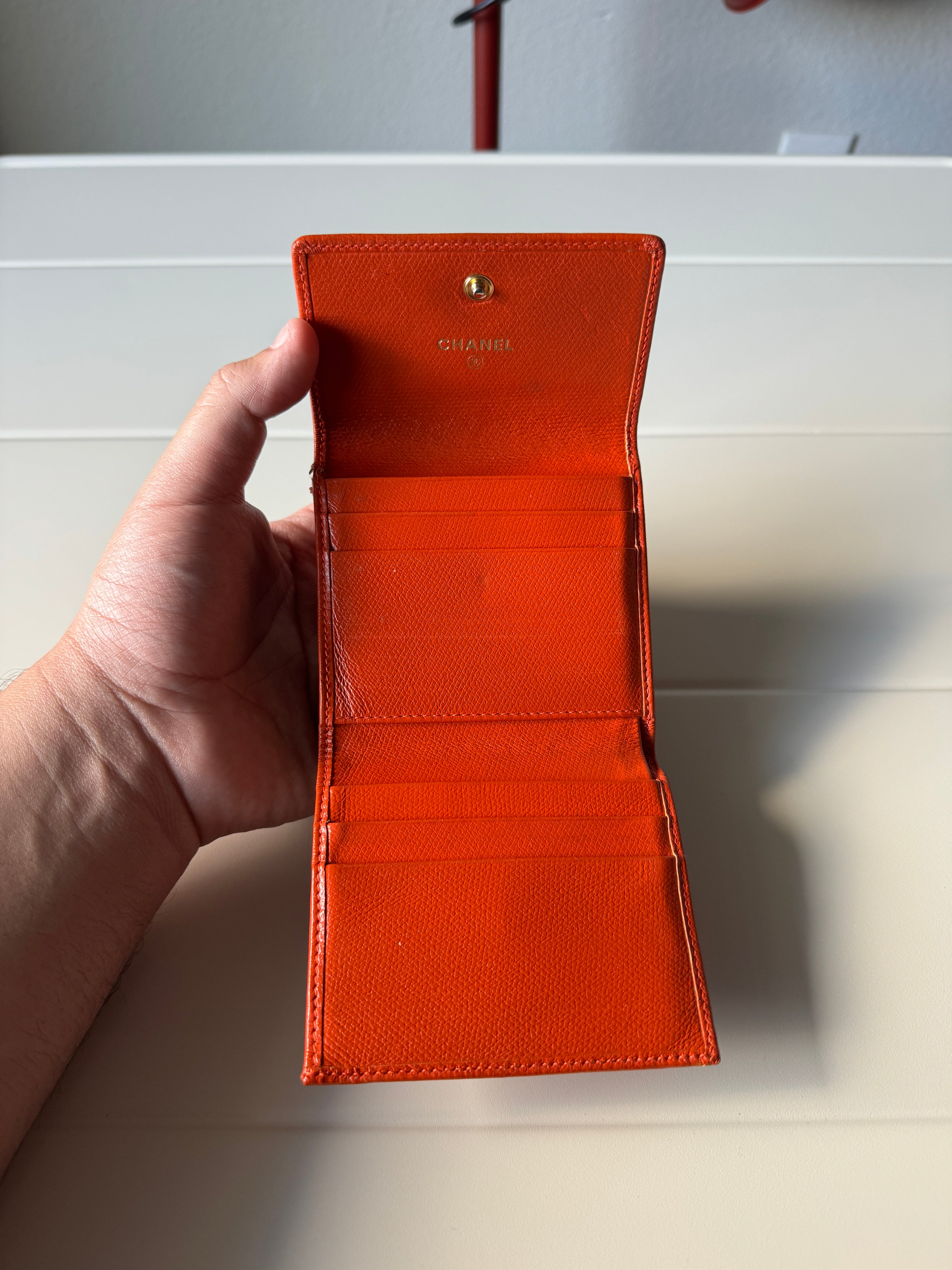 Chanel CC Logo Double Sided Tri-Fold orange Leather Wallet