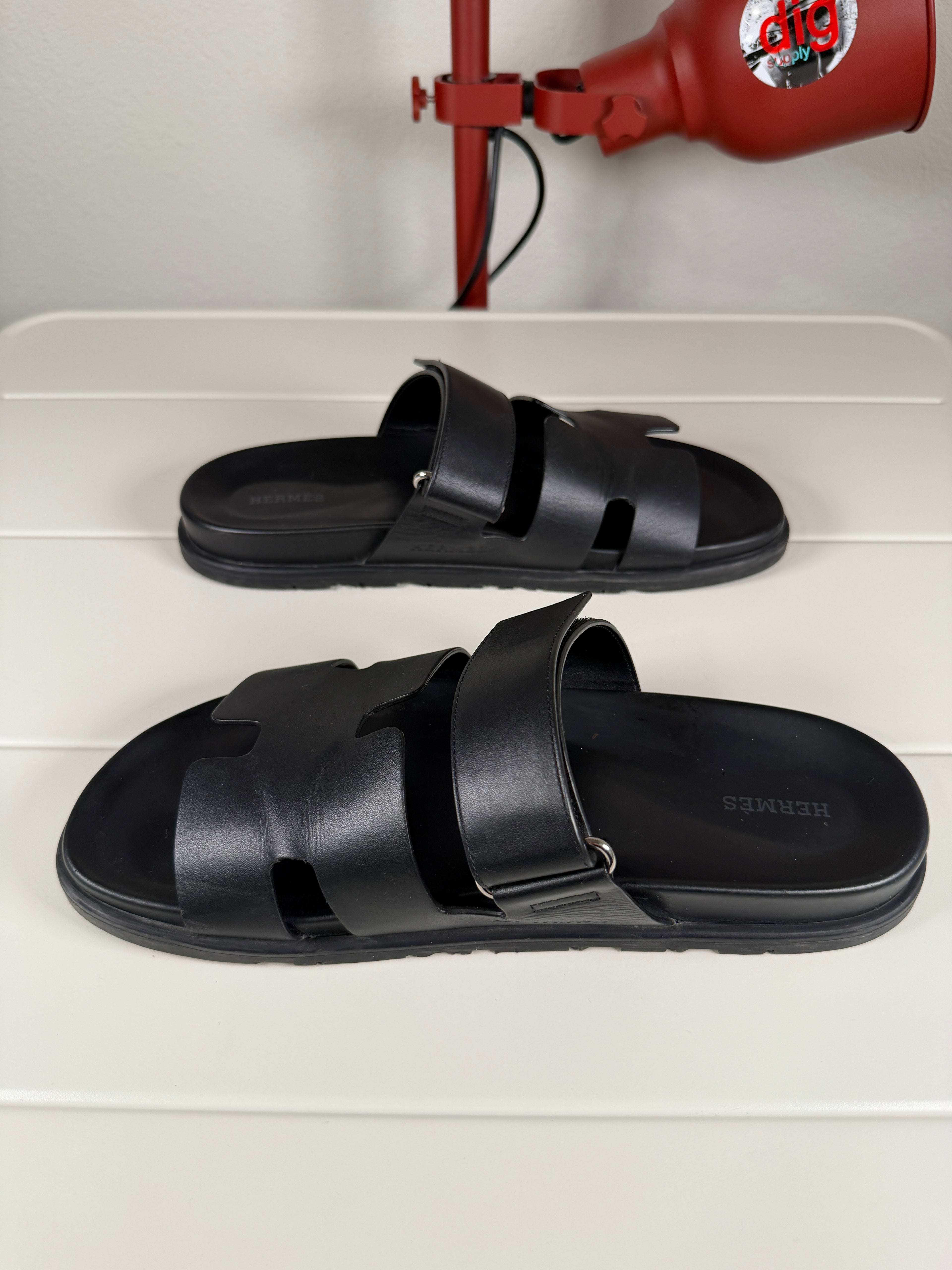 Hermes Chypre Black Leather Sandals 43.5/10.5