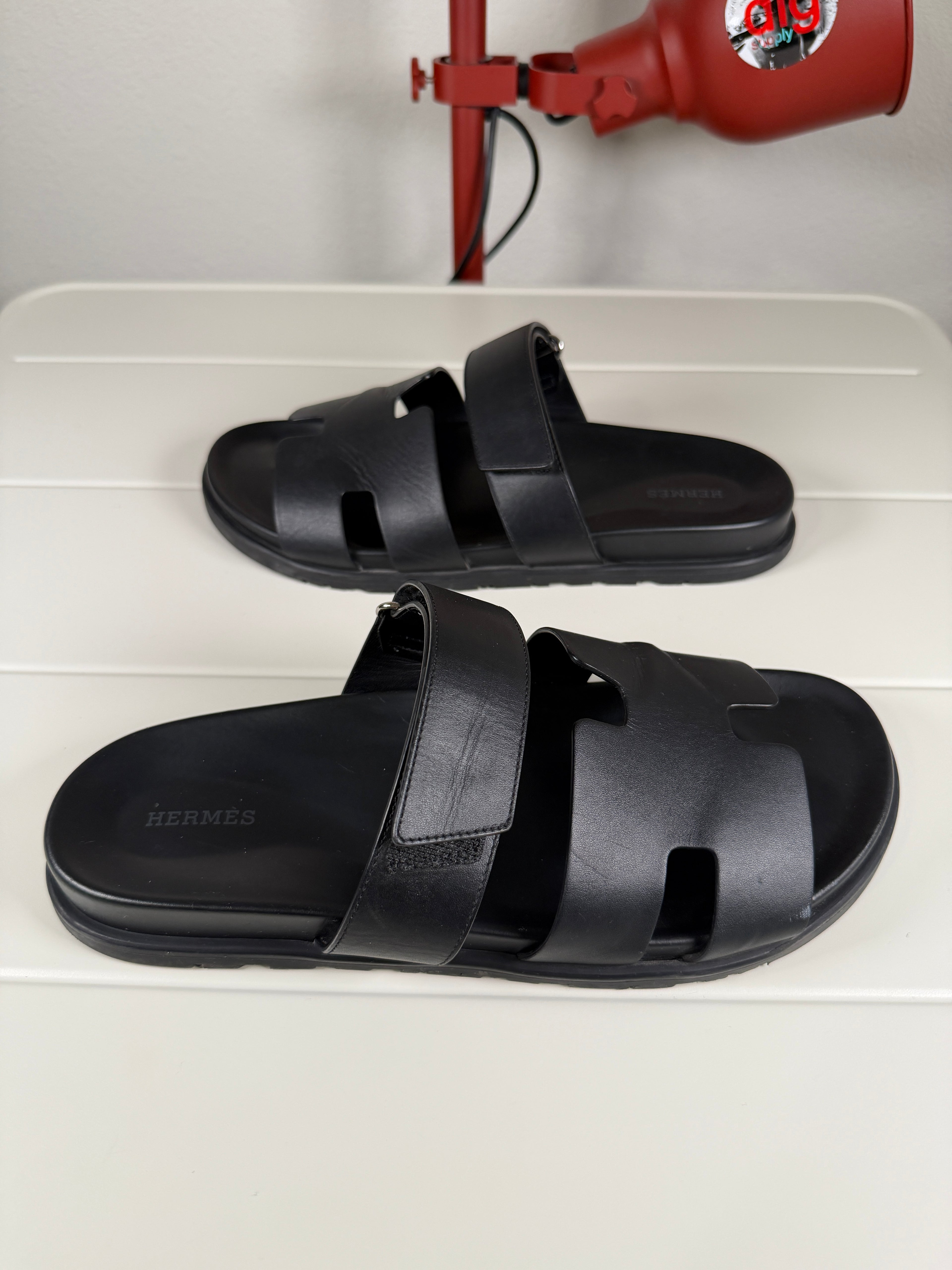 Hermes Chypre Black Leather Sandals 43.5/10.5