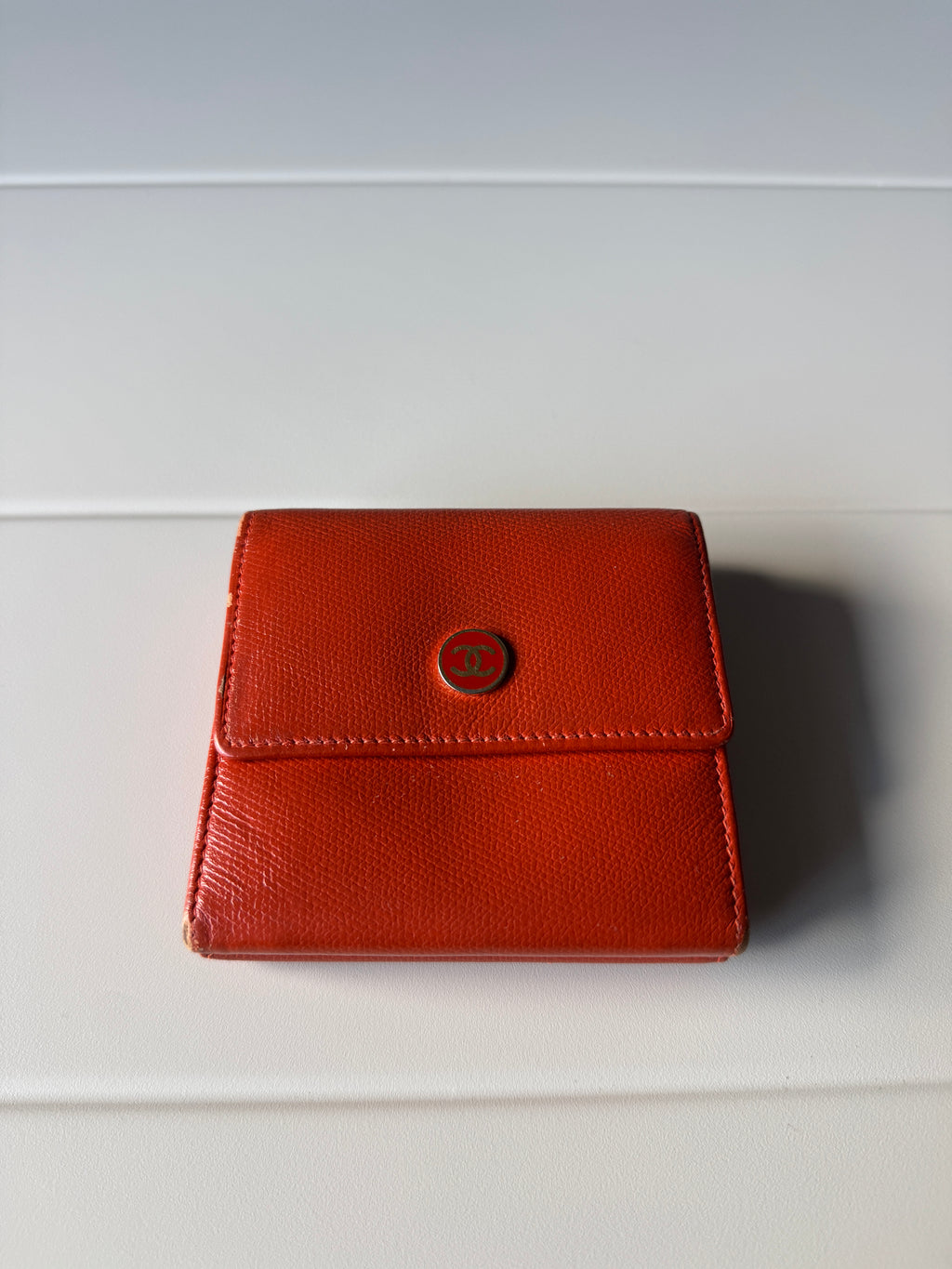 Chanel CC Logo Double Sided Tri-Fold orange Leather Wallet