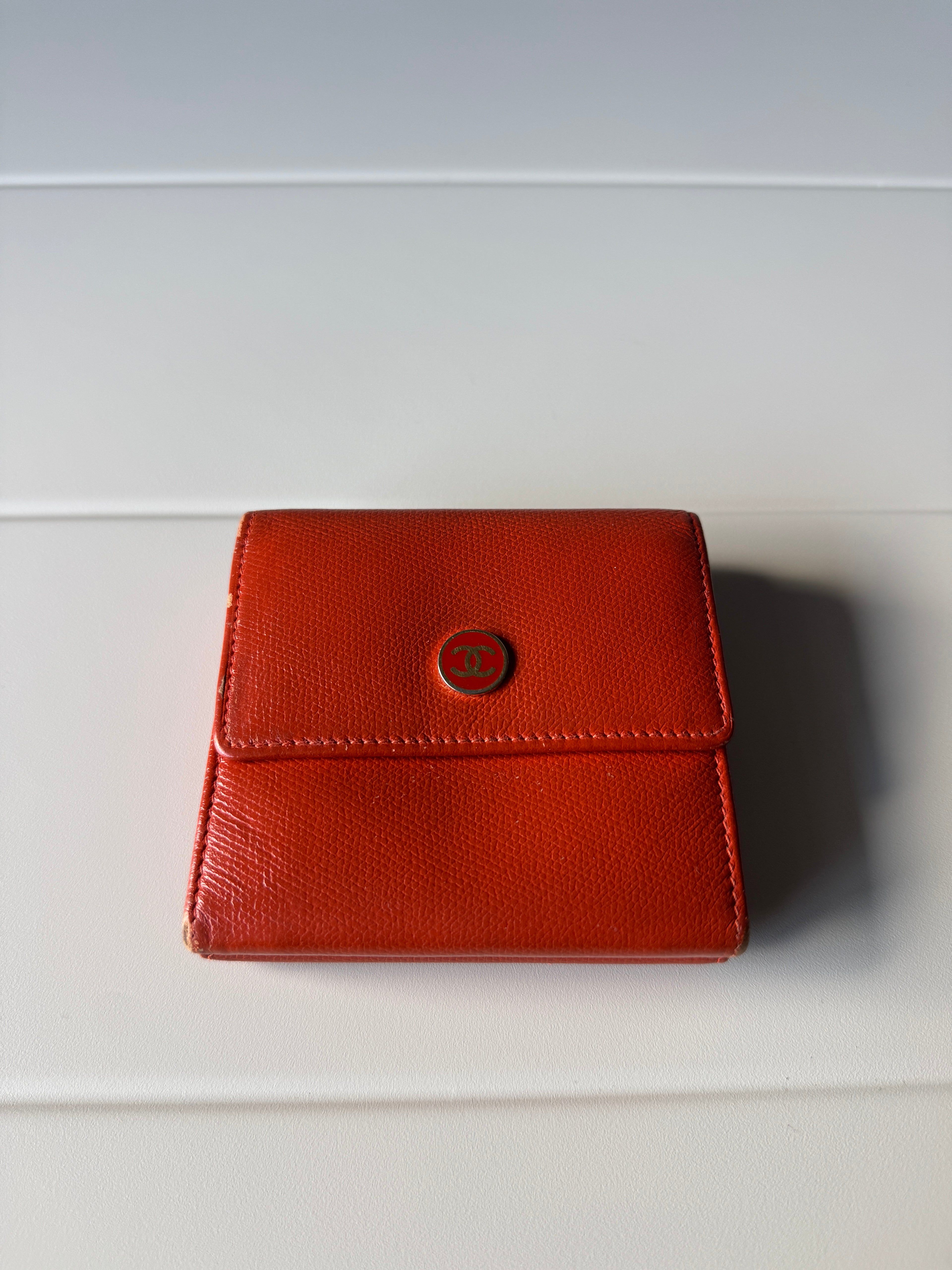 Chanel CC Logo Double Sided Tri-Fold orange Leather Wallet
