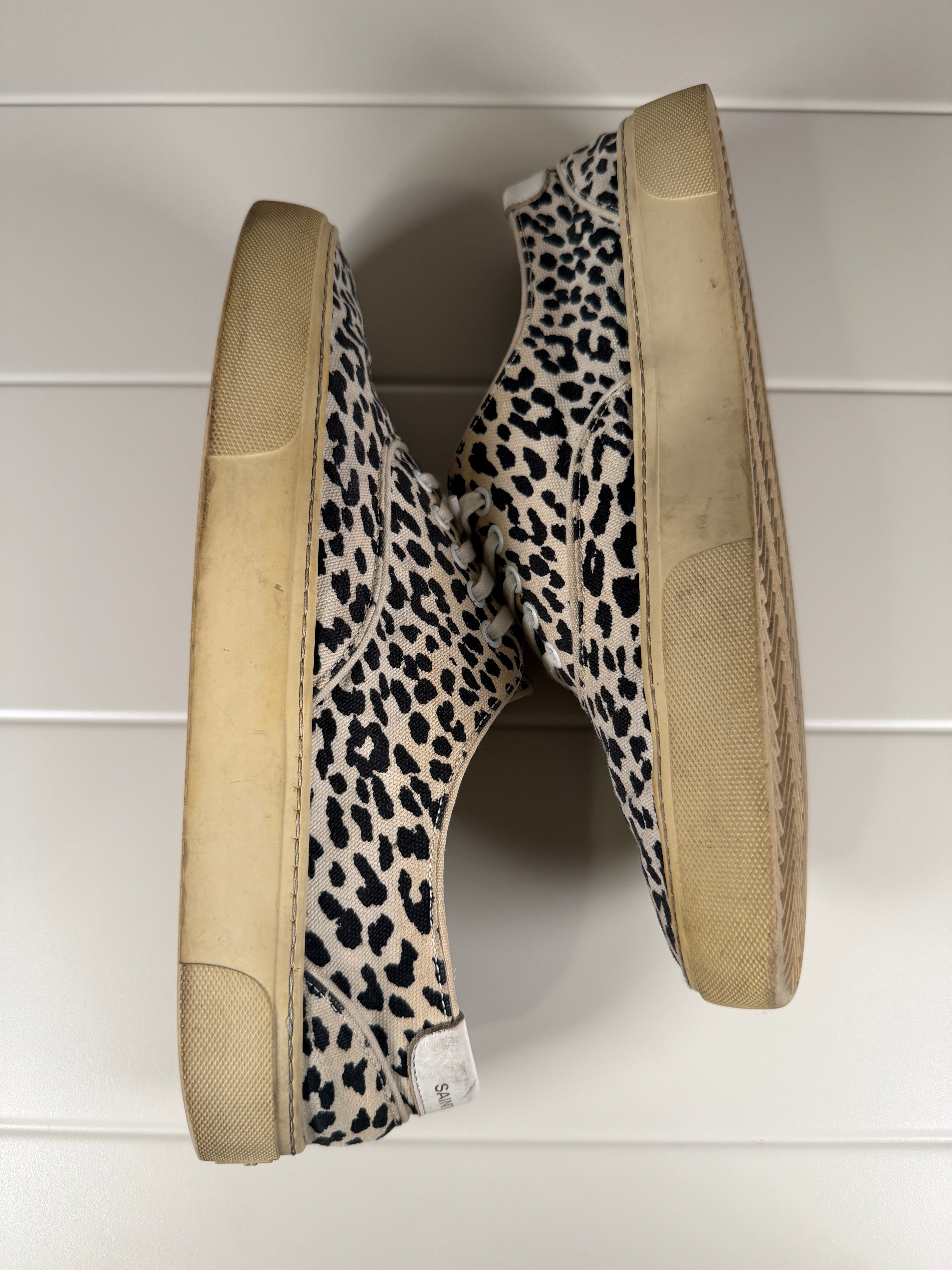 Saint Laurent Babycat White Leopard Print Canvas Sneakers 44/11