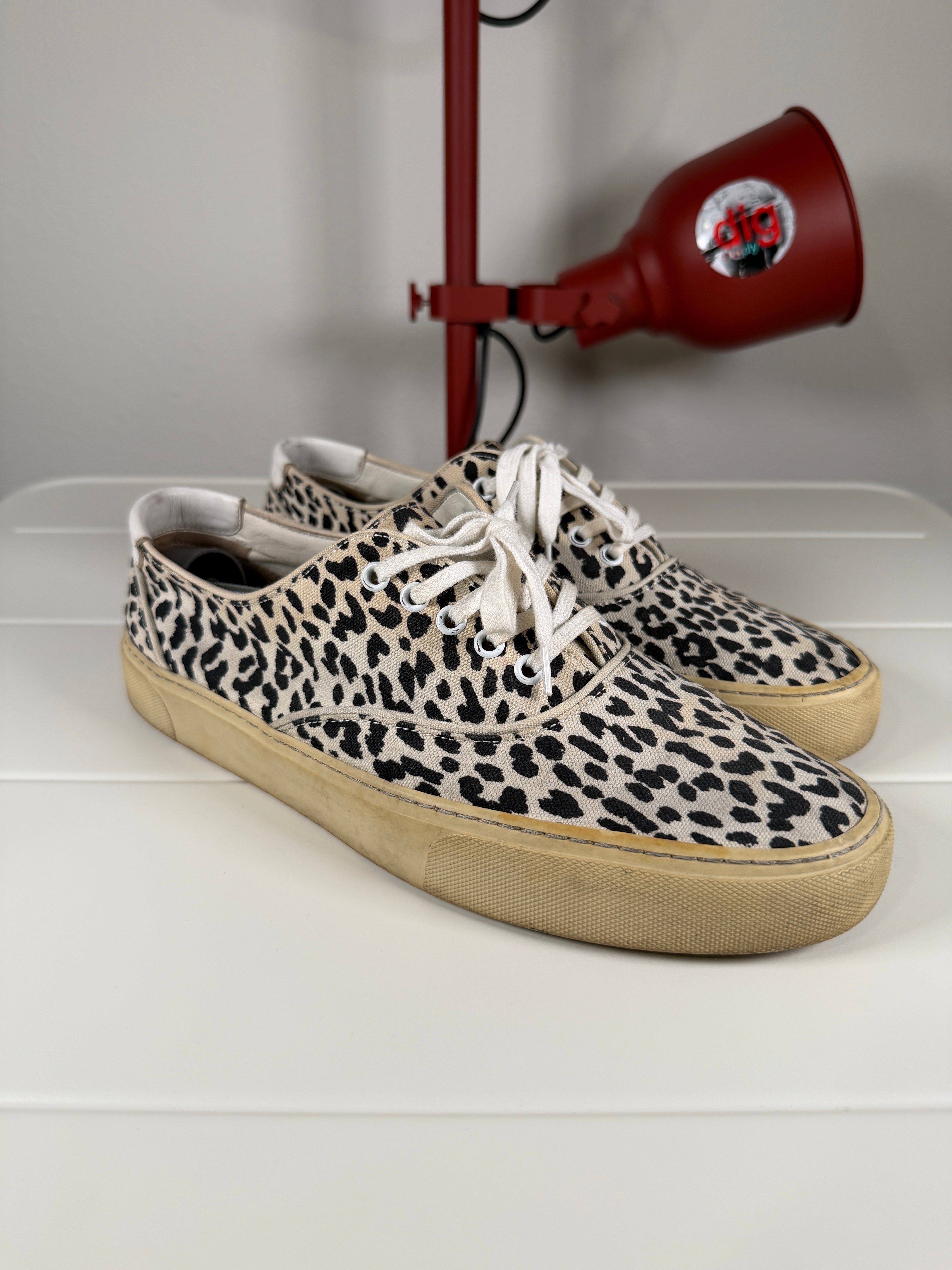 Saint Laurent Babycat White Leopard Print Canvas Sneakers 44/11
