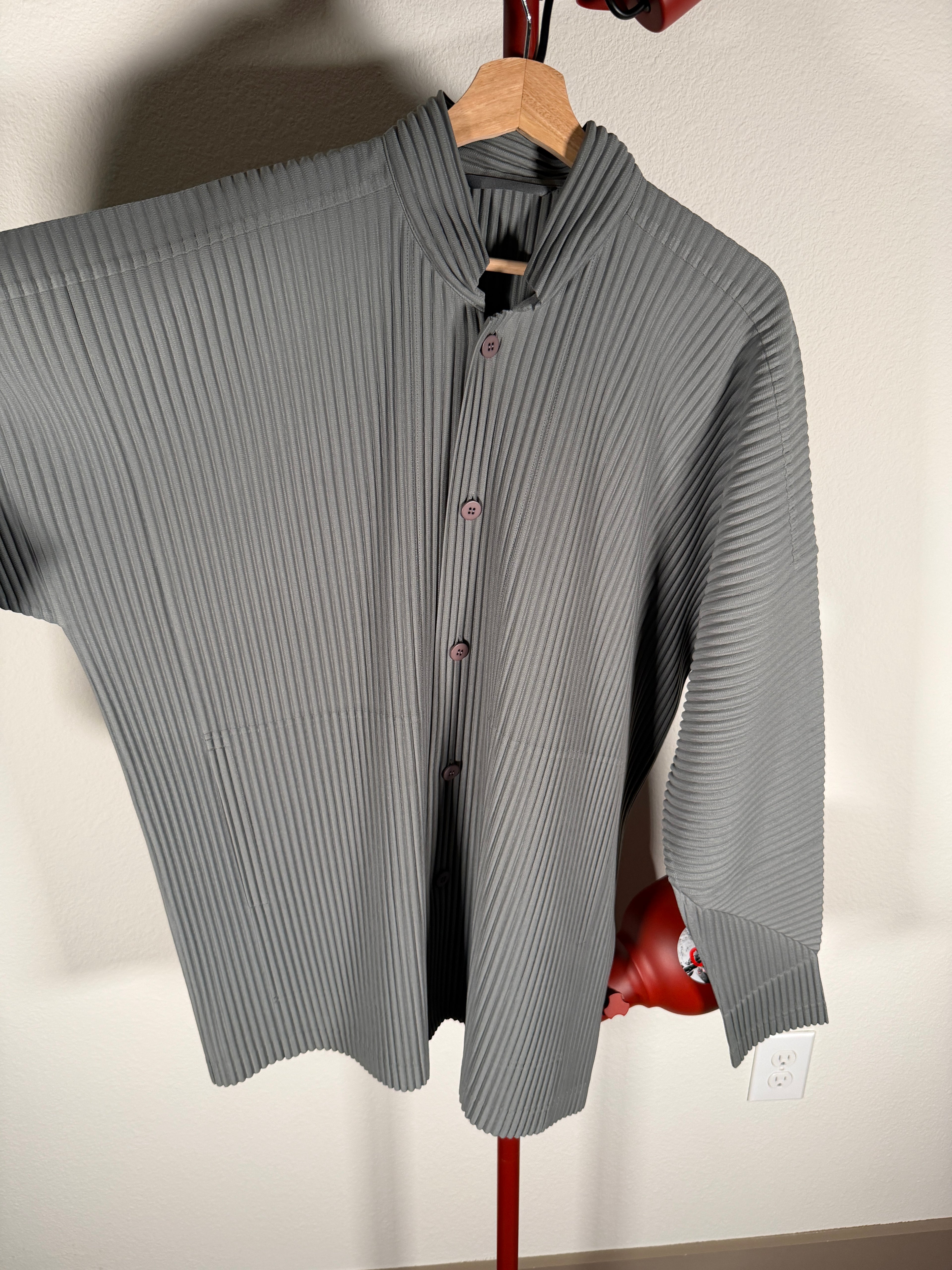 Issey Miyake Homme Plisse Grey Pleated Button Up Shirt 4/XL