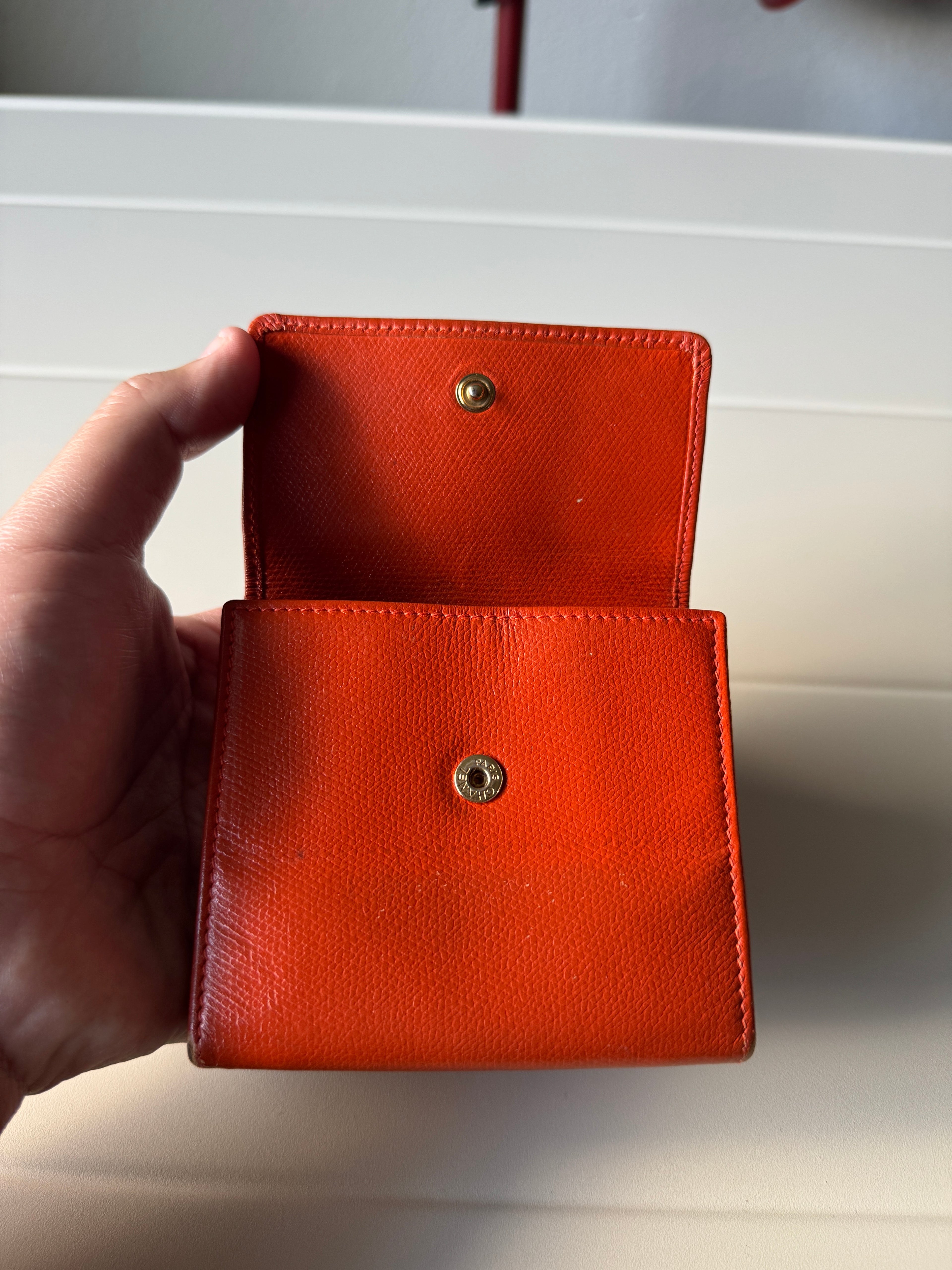 Chanel CC Logo Double Sided Tri-Fold orange Leather Wallet