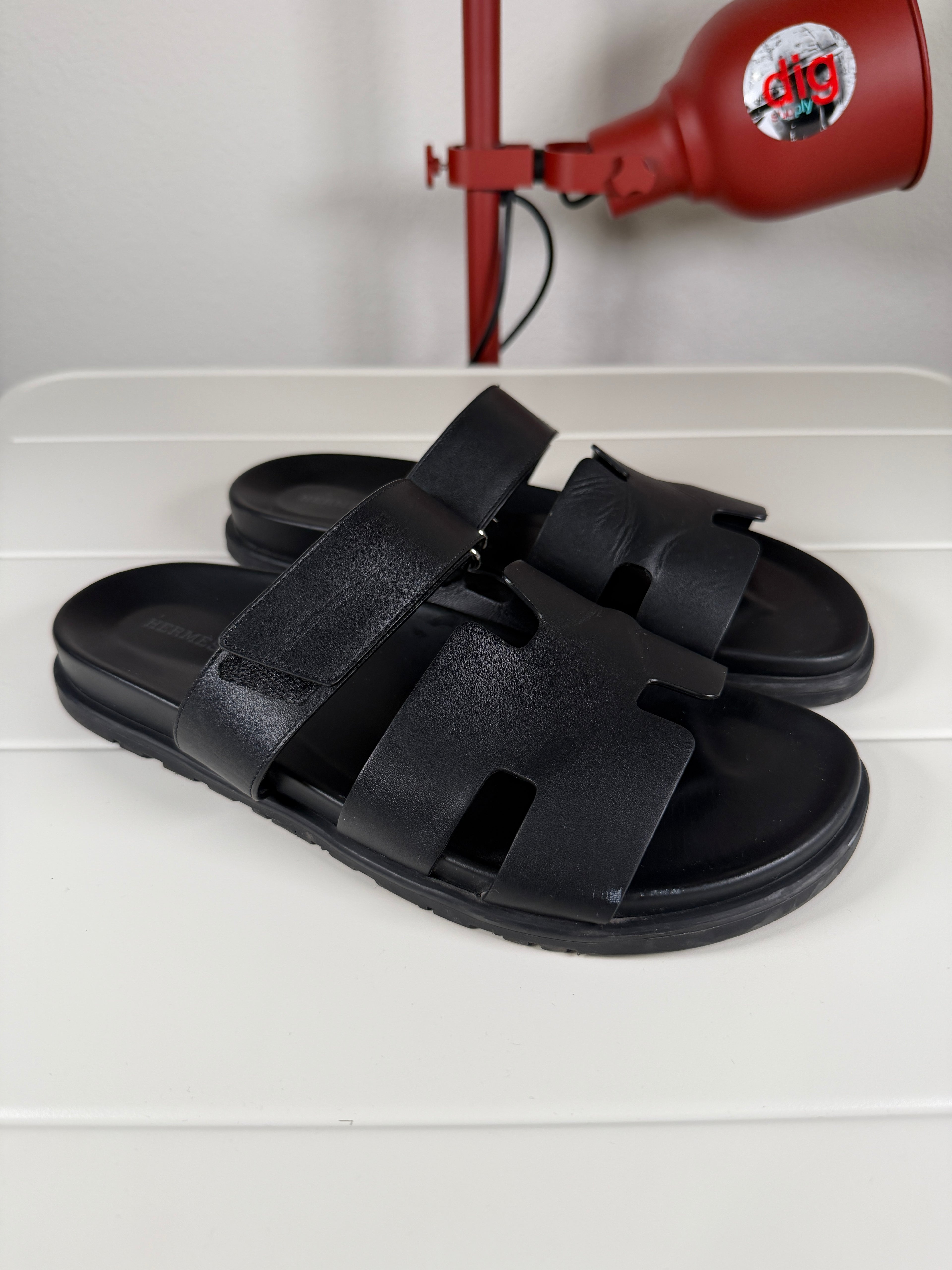 Hermes Chypre Black Leather Sandals 43.5/10.5