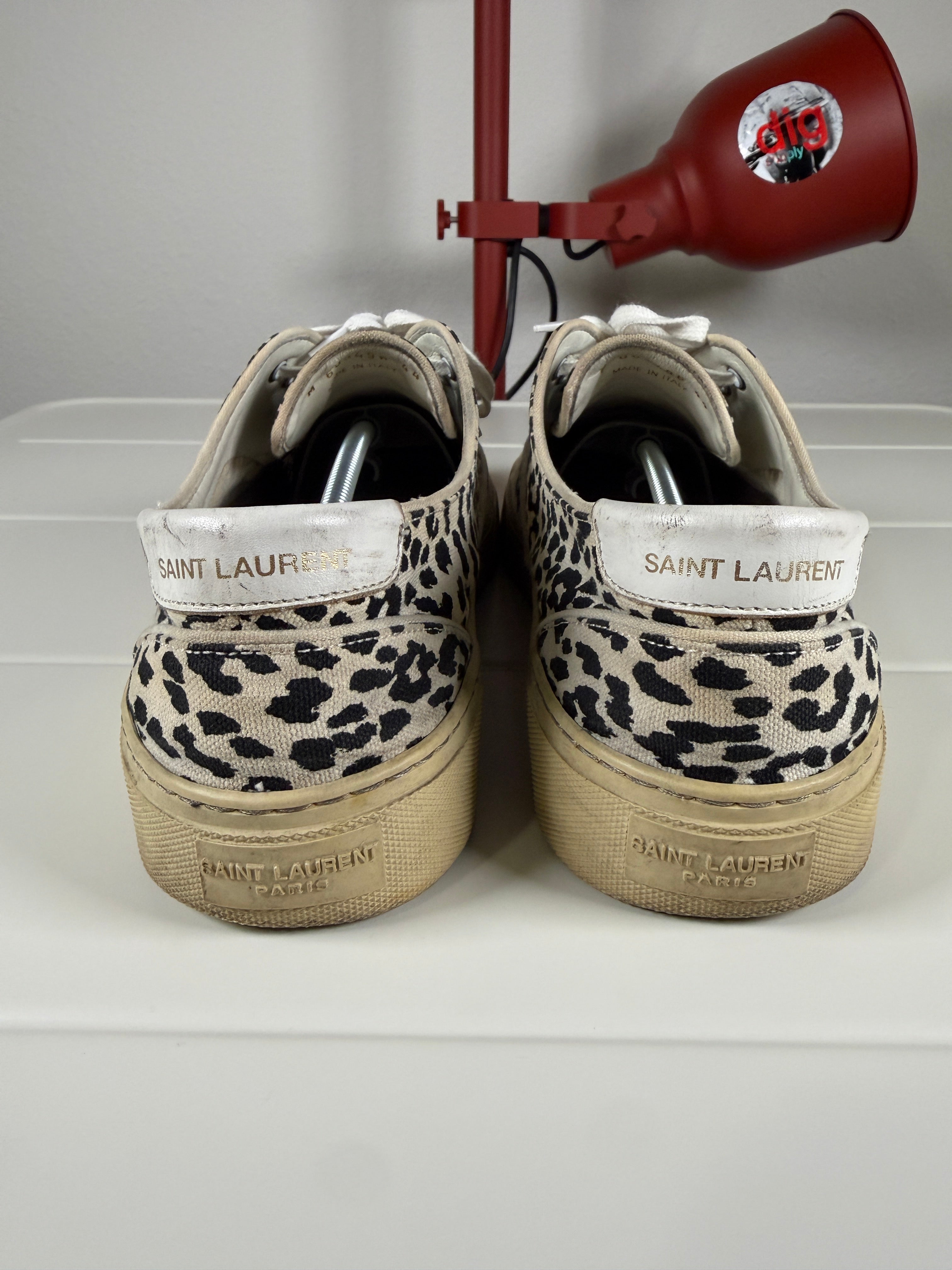 Saint Laurent Babycat White Leopard Print Canvas Sneakers 44/11