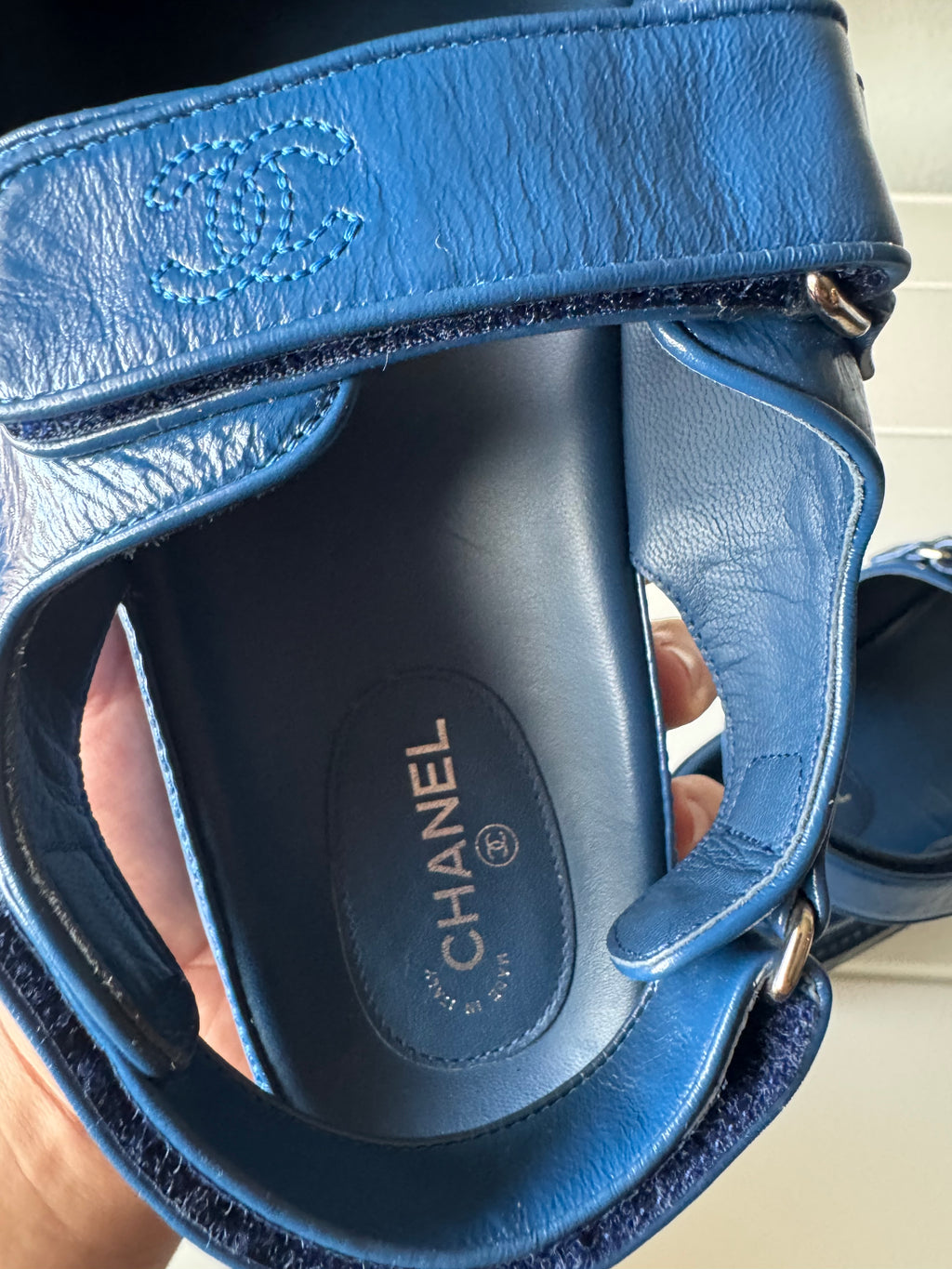 Chanel Dad Sandals Patent Leather Blue 41/8/11