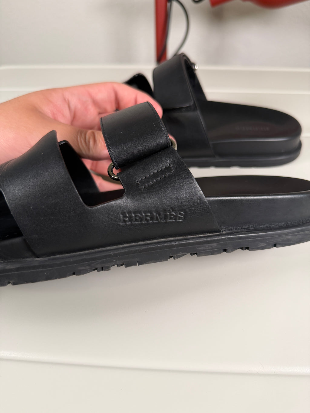 Hermes Chypre Black Leather Sandals 43.5/10.5