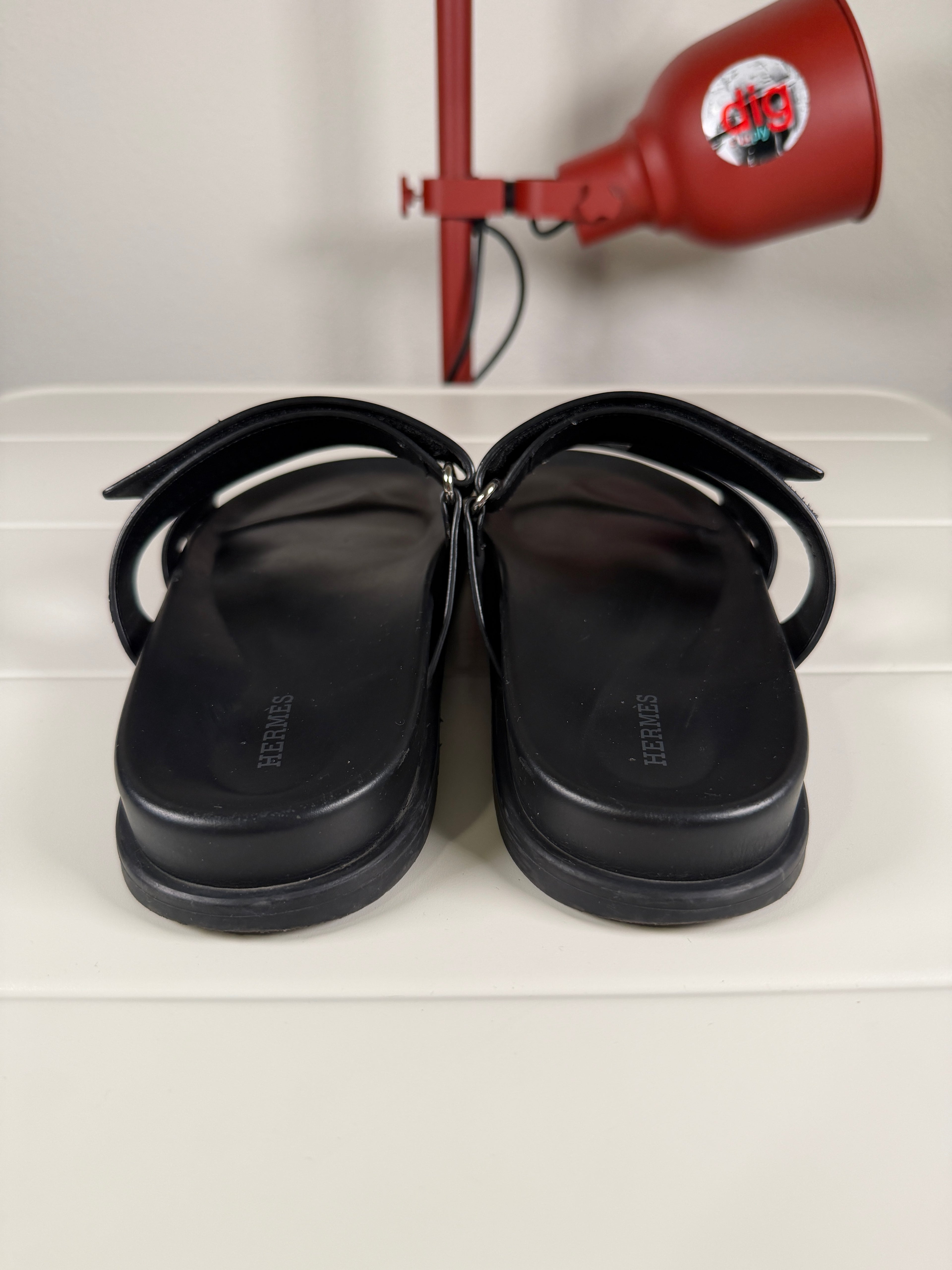 Hermes Chypre Black Leather Sandals 43.5/10.5